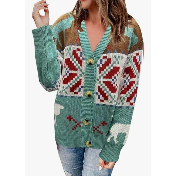 Sweaters - Ugly Christmas Knit Sweater M Retro Cardigan Reindeer Snowflake Cozy Winter Art